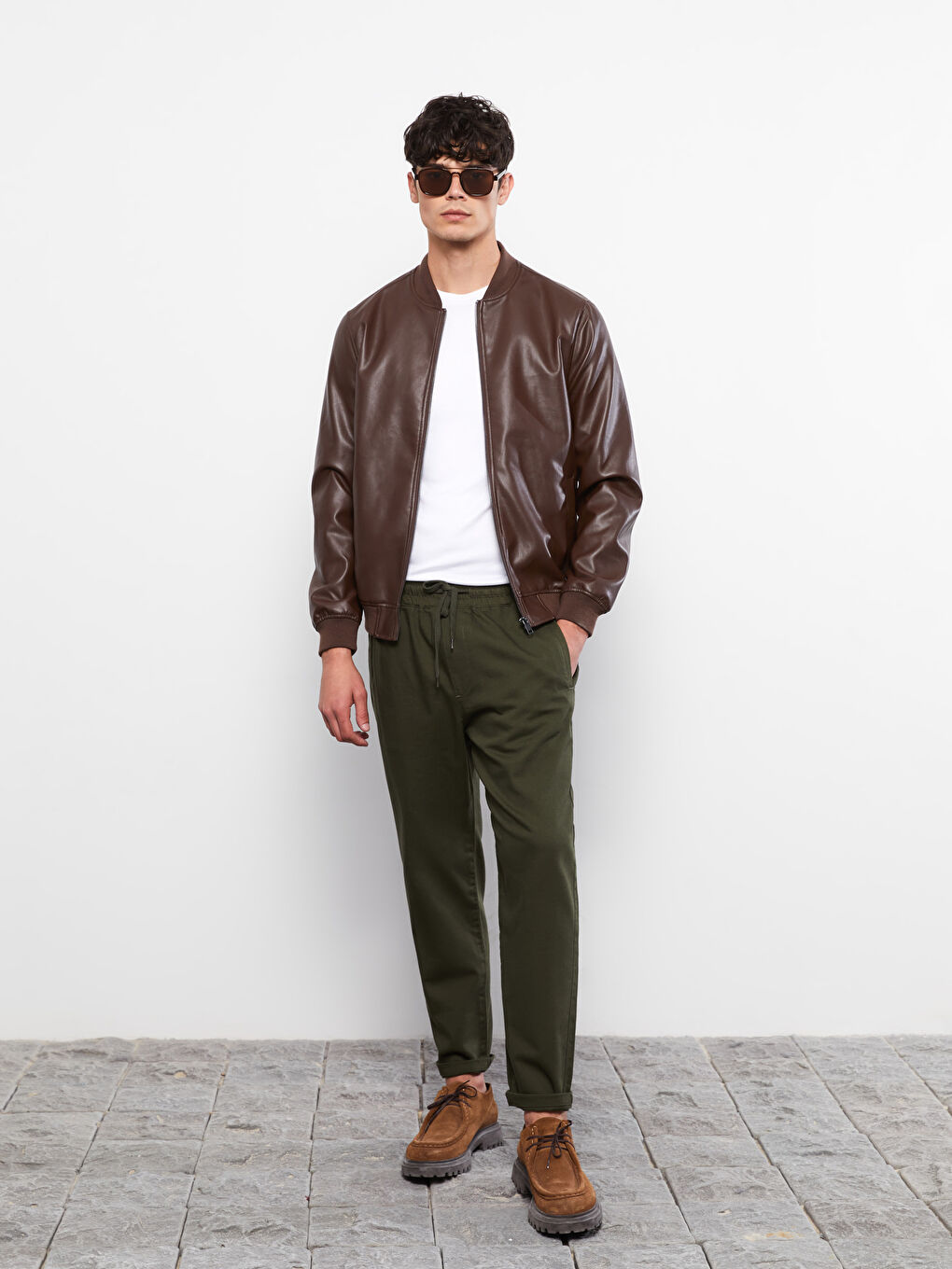 Kahverengi Standart Kalıp Kolej Yaka Erkek Deri Görünümlü Mont