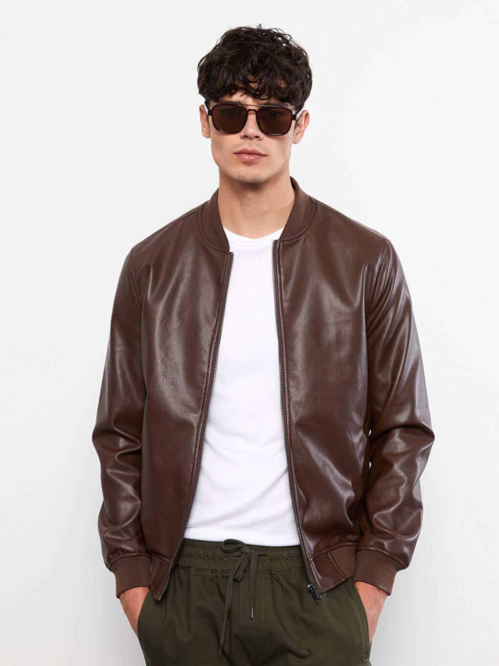 Kahverengi Standart Kalıp Kolej Yaka Erkek Deri Görünümlü Mont-2