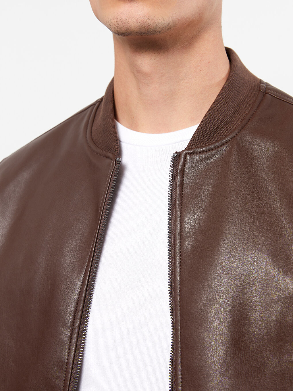 Kahverengi Standart Kalıp Kolej Yaka Erkek Deri Görünümlü Mont-3