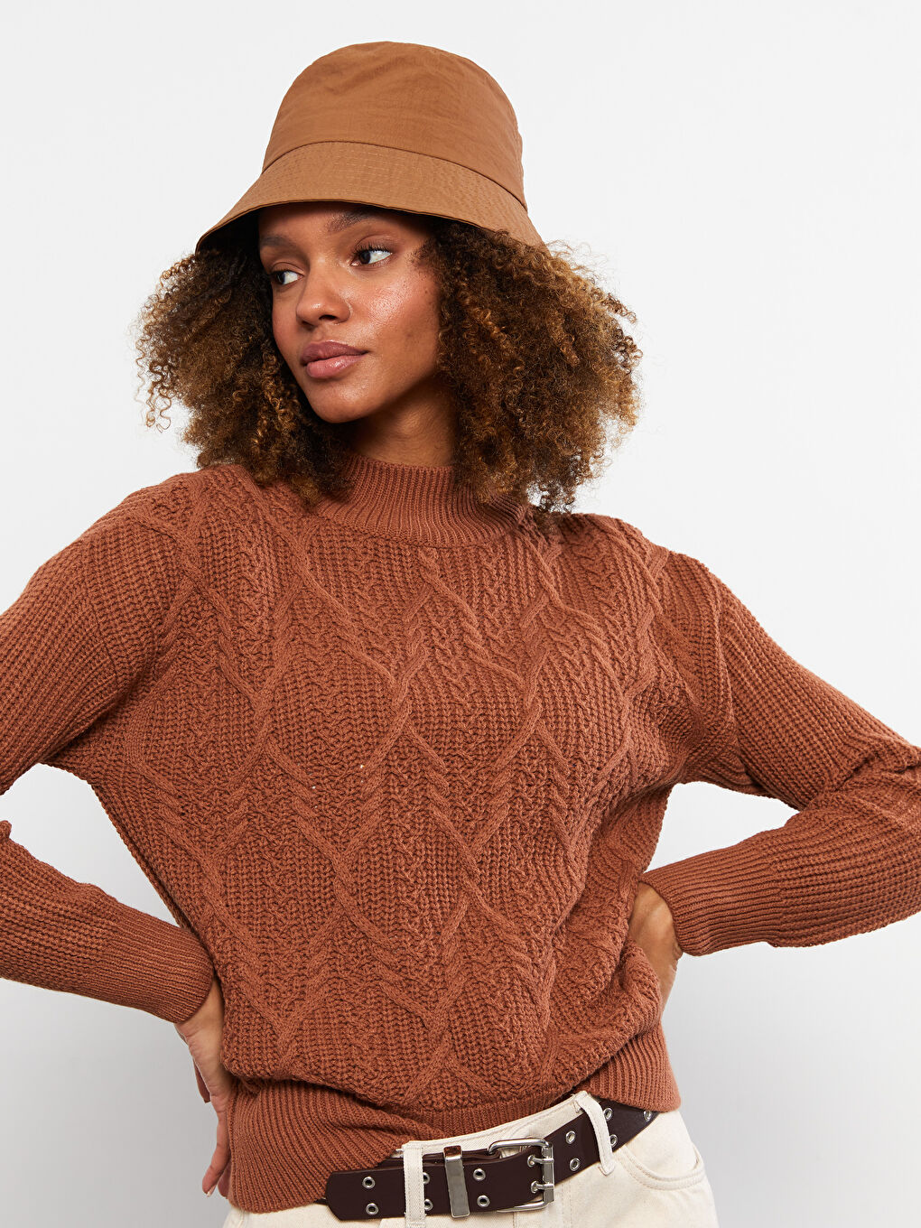 بلوفر تريكو حريمي بكم طويل بنصف ياقة مدورة ونقشة ذاتية-1