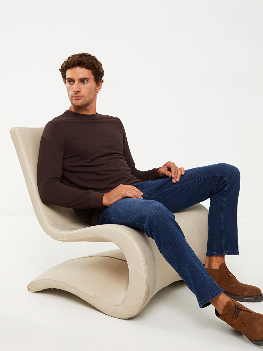 Kahverengi Bisiklet Yaka Uzun Kollu Erkek Sweatshirt