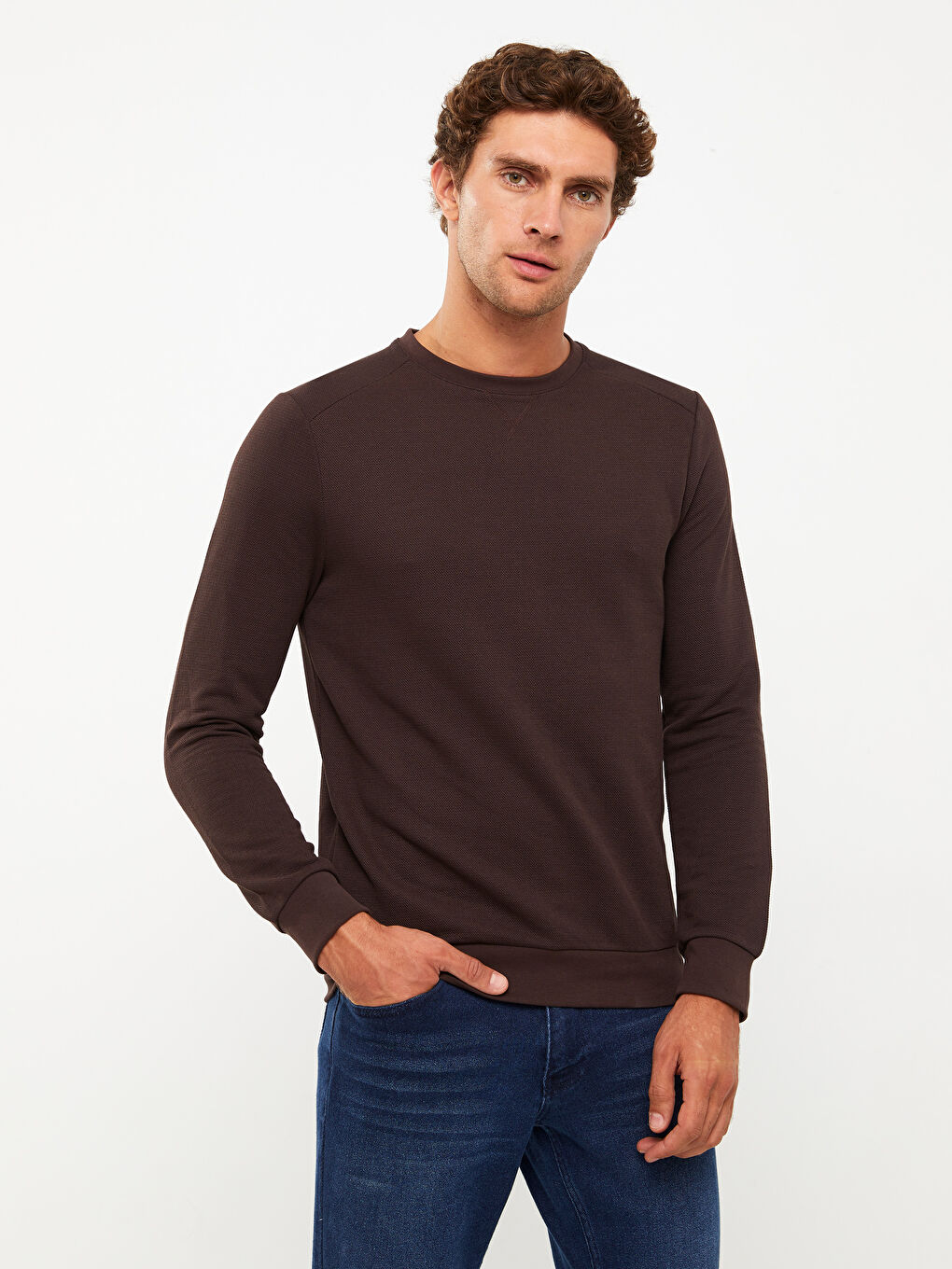 Kahverengi Bisiklet Yaka Uzun Kollu Erkek Sweatshirt-1