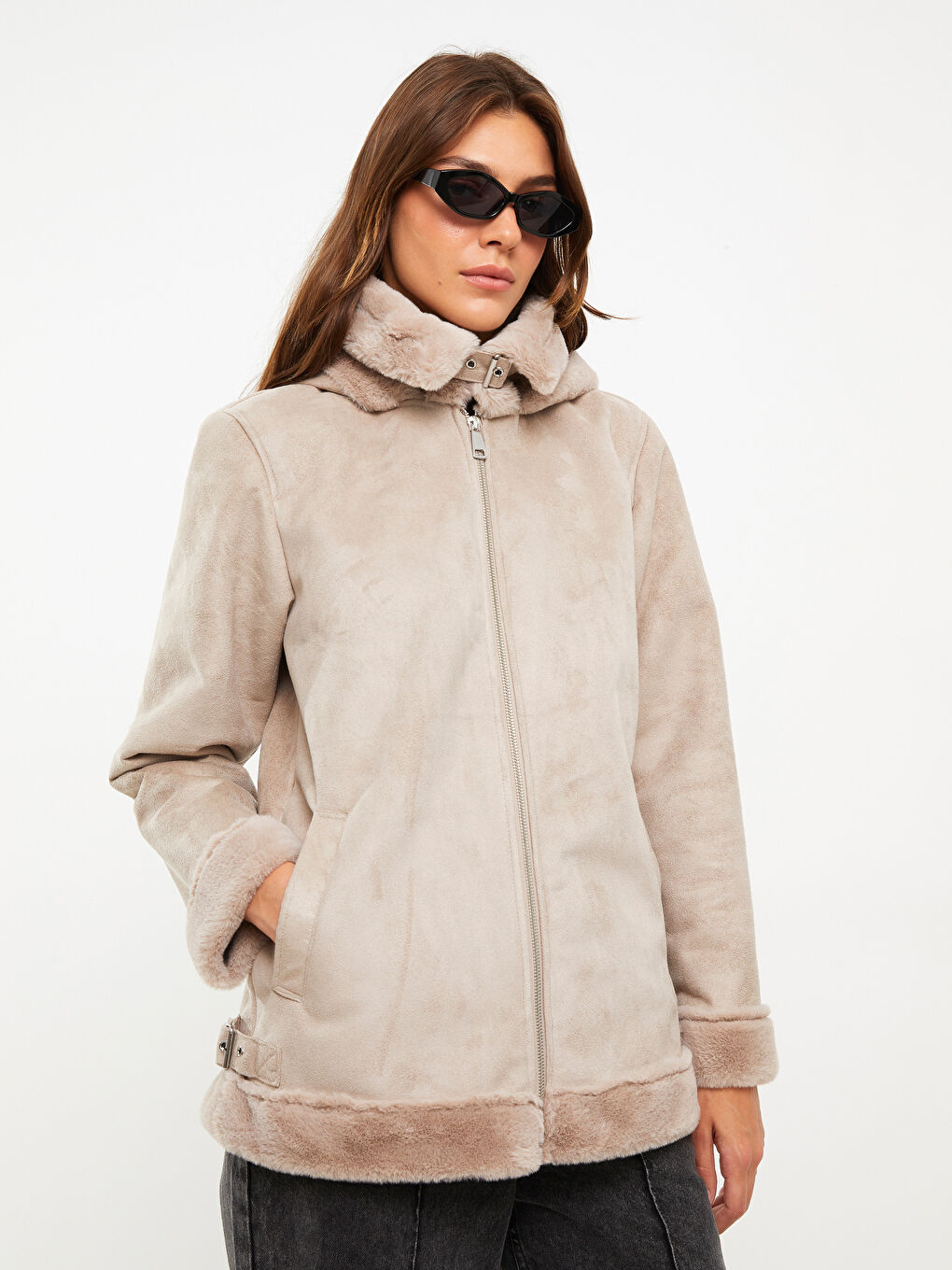 Palton din piele ecologică pentru femei cu glugă și mânecă lungă dreaptă