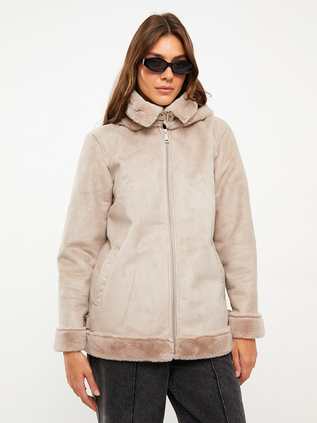 Palton din piele ecologică pentru femei cu glugă și mânecă lungă dreaptă-1