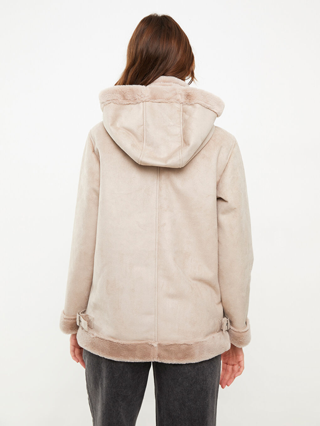 Palton din piele ecologică pentru femei cu glugă și mânecă lungă dreaptă-5