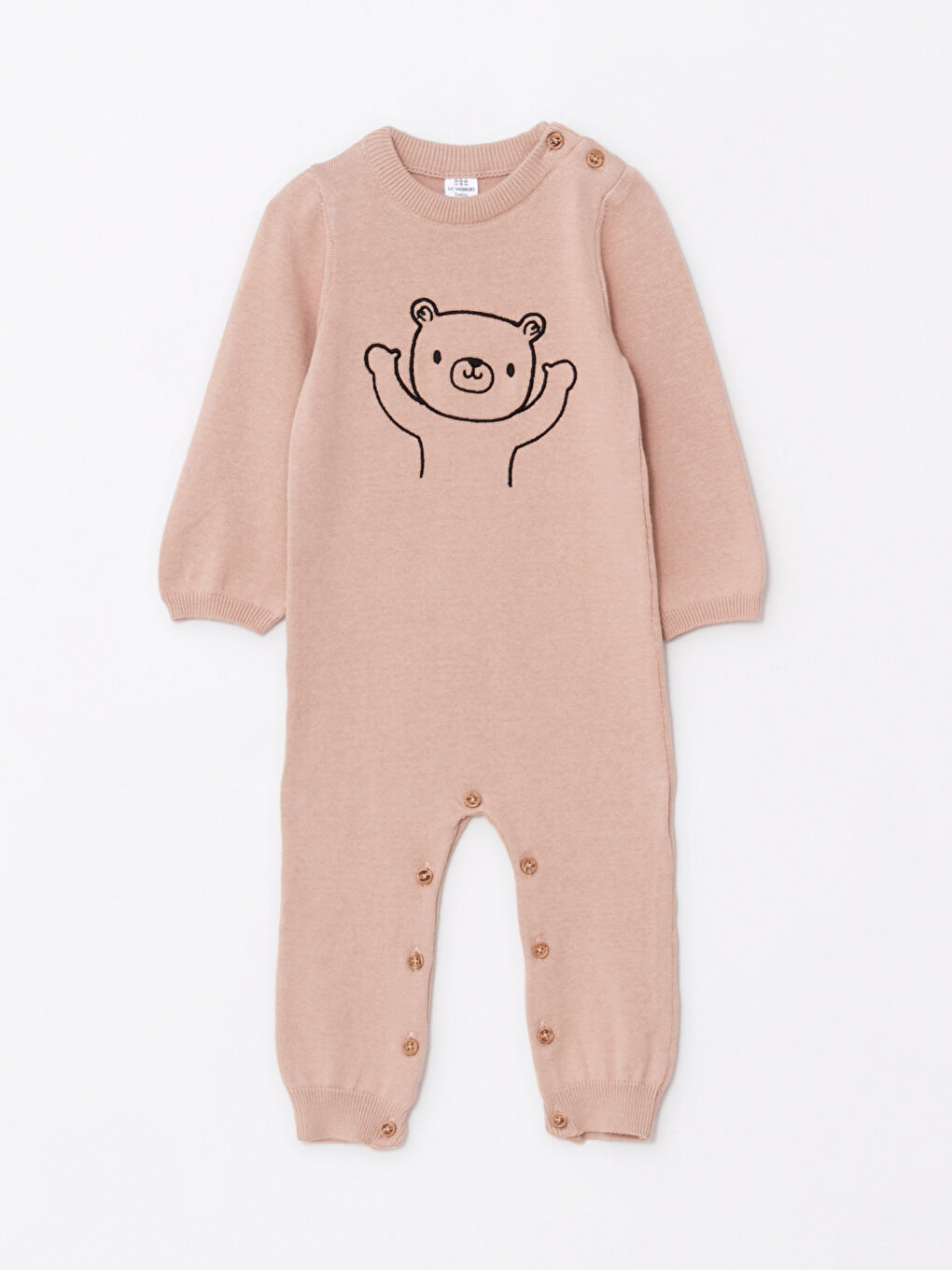 Bej Bisiklet Yaka Uzun Kollu Desenli Erkek Bebek Triko Tulum