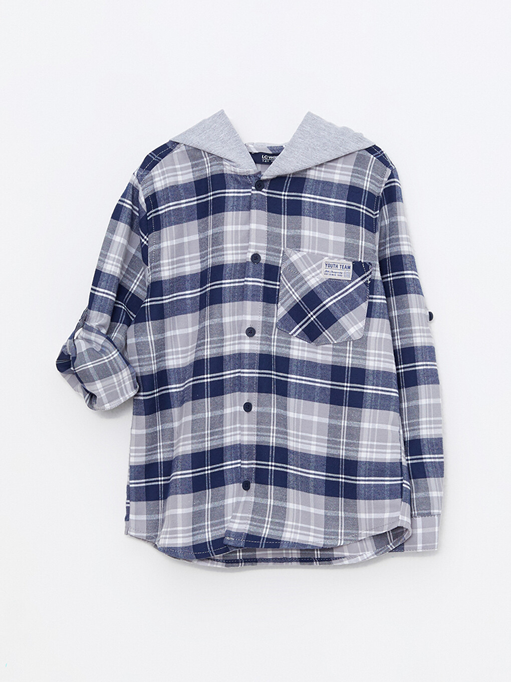 Hooded Plaid Long Sleeve Gabardine Boy Shirt-1