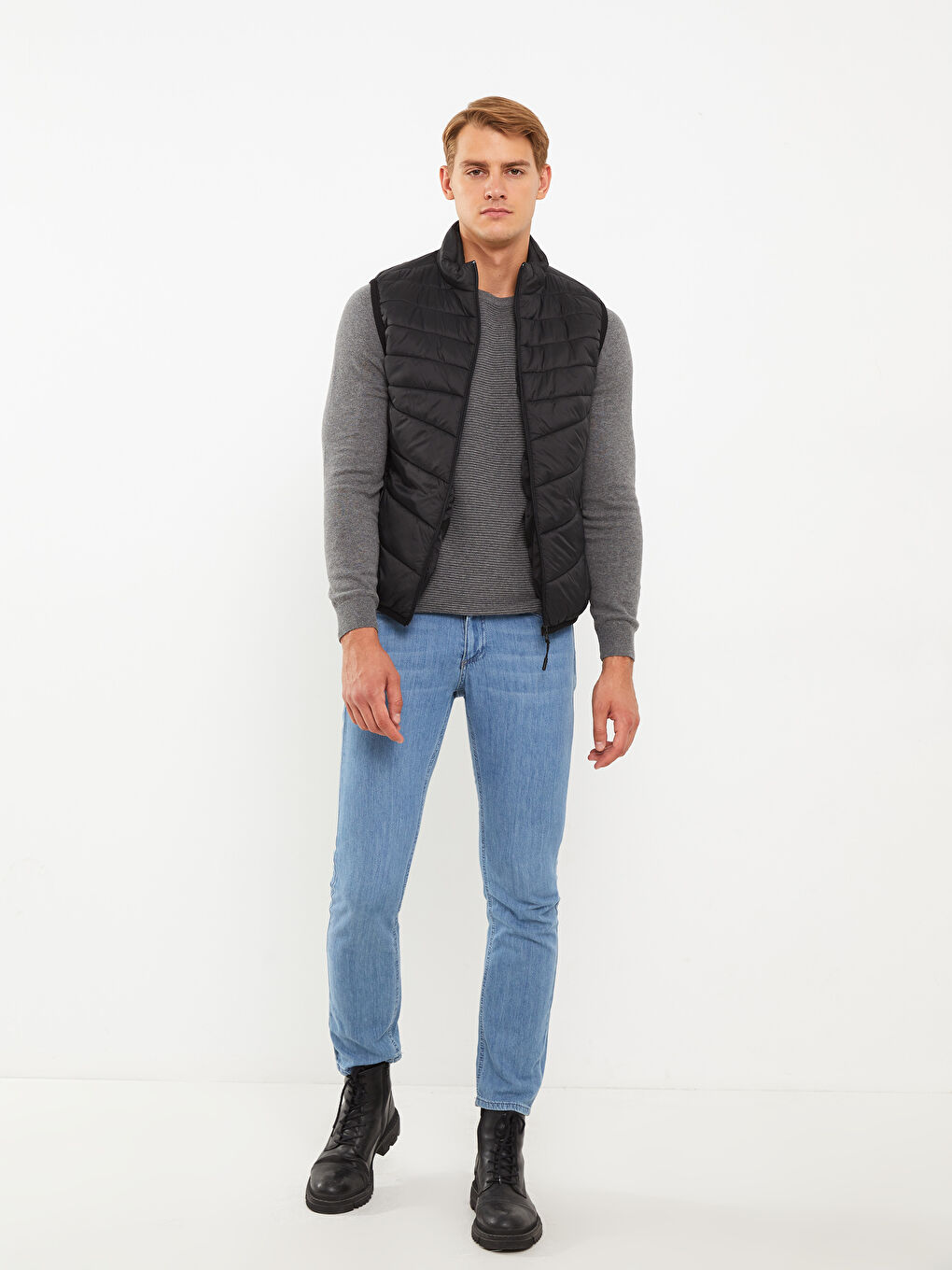 Siyah Standart Kalıp Dik Yaka Erkek Şişme Yelek-1