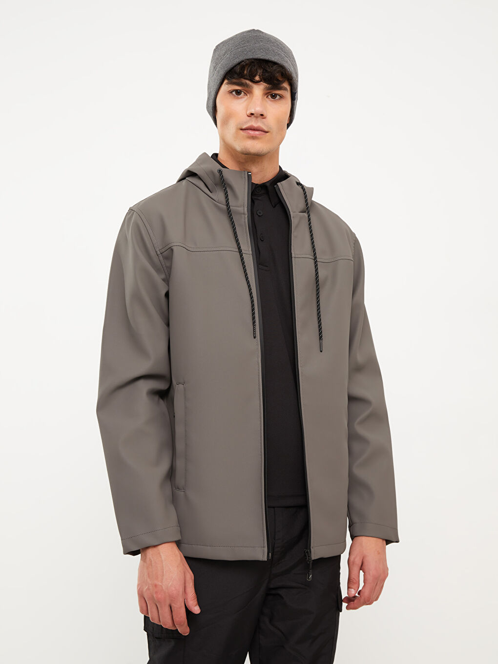 Gri Standart Kalıp Kapüşonlu Erkek Yağmurluk-1