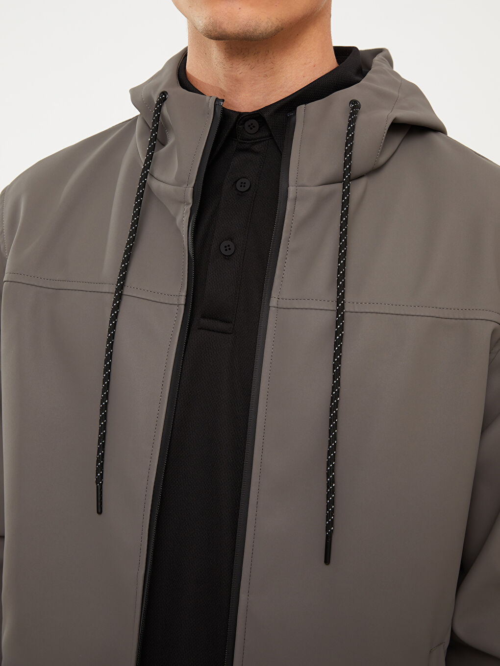 Gri Standart Kalıp Kapüşonlu Erkek Yağmurluk-3