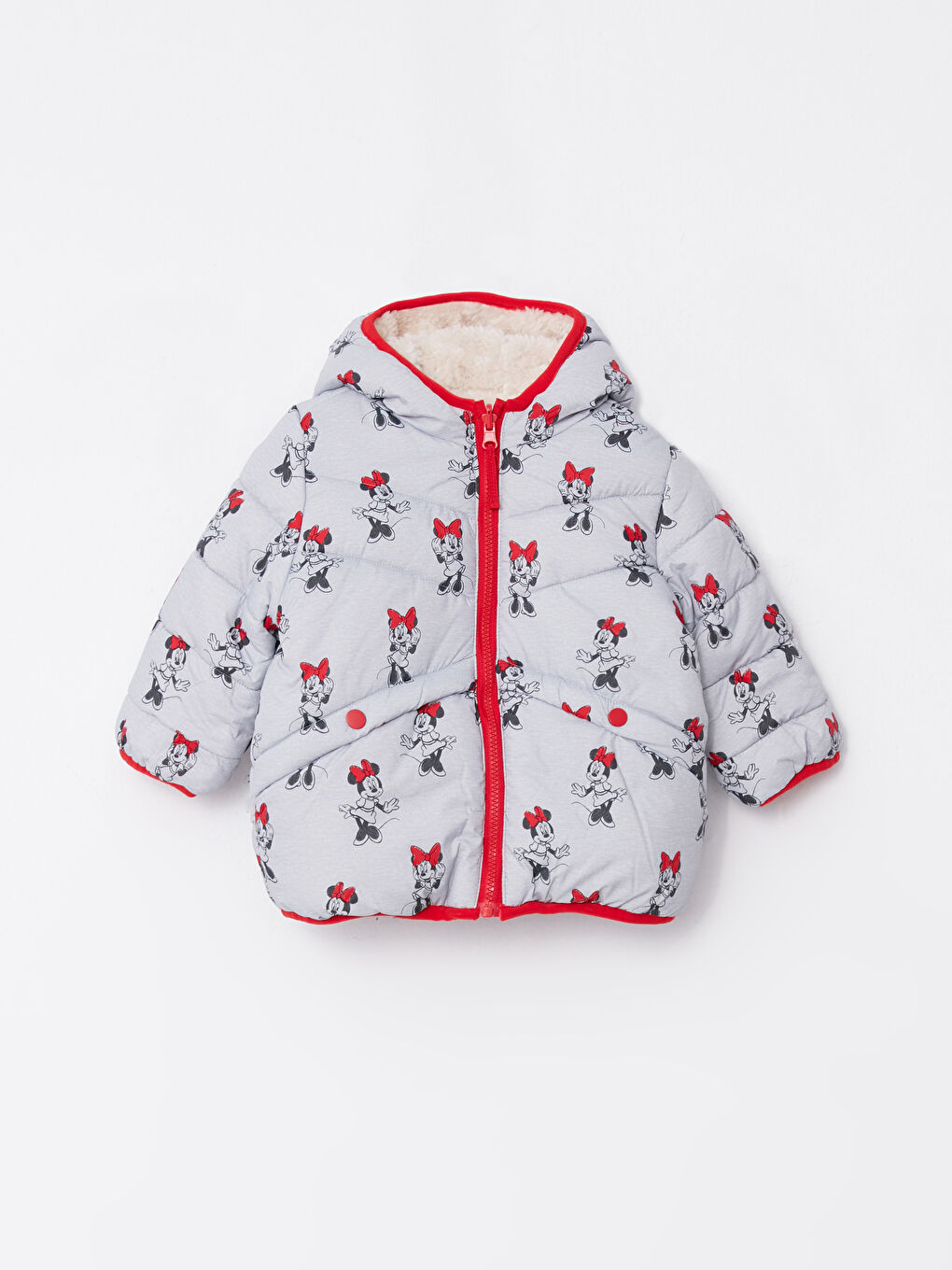 Gri Kapüşonlu Uzun Kollu Minnie Mouse Baskılı Kız Bebek Mont-1