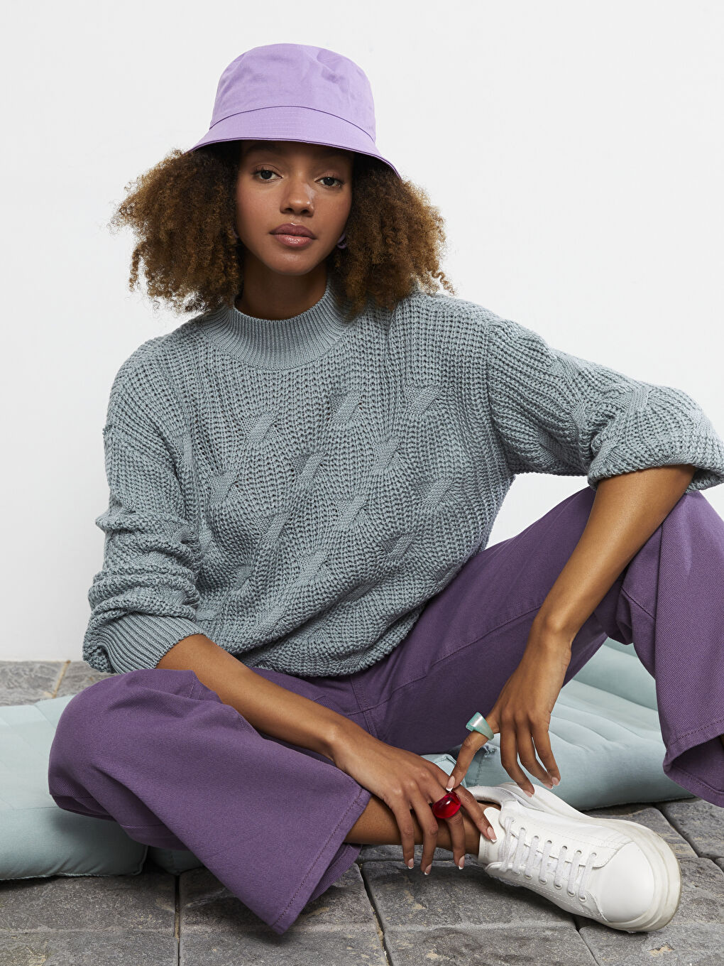 Yeşil Yarım Balıkçı Yaka Kendinden Desenli Uzun Kollu Kadın Triko Kazak