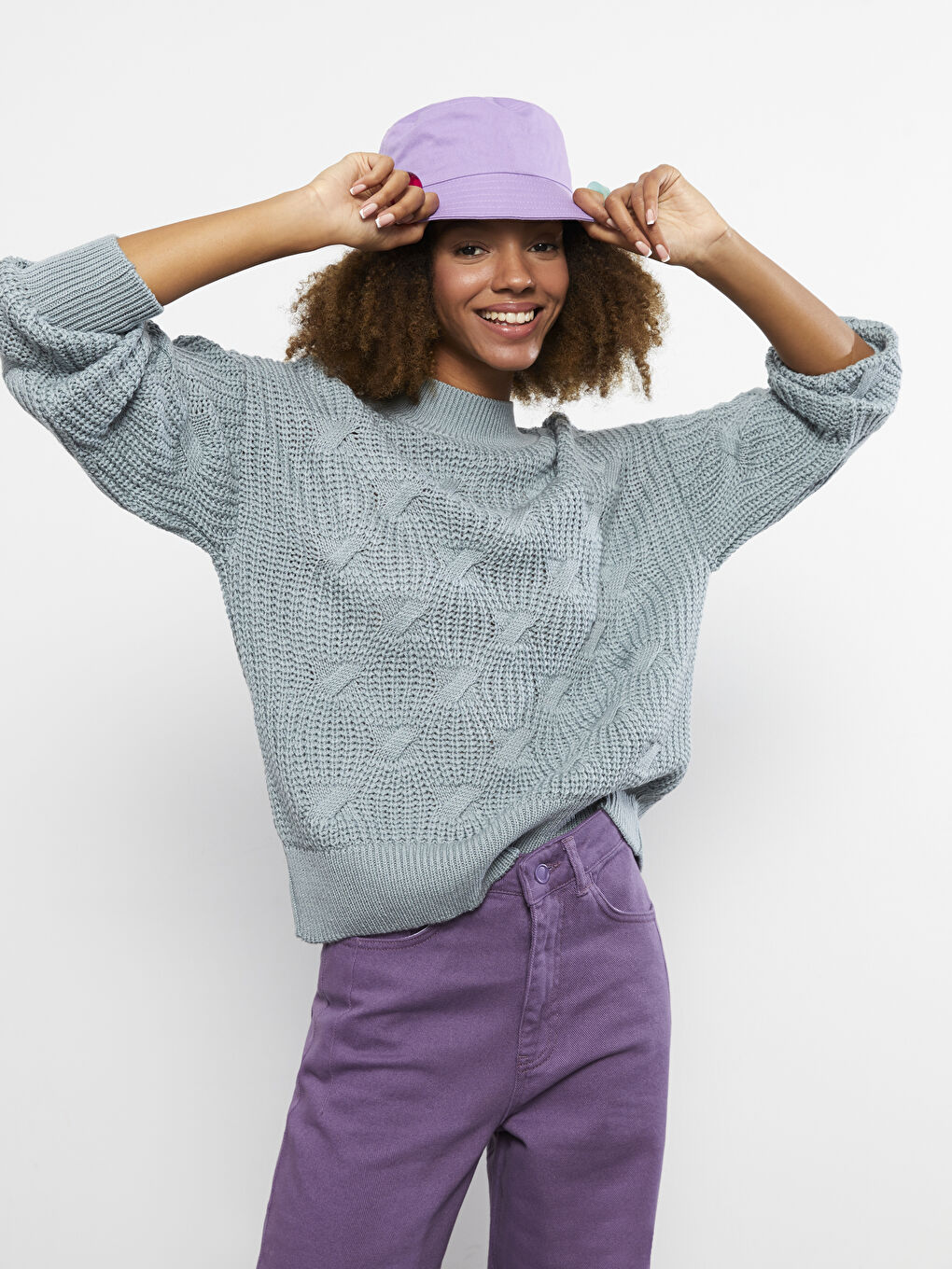 Yeşil Yarım Balıkçı Yaka Kendinden Desenli Uzun Kollu Kadın Triko Kazak-1