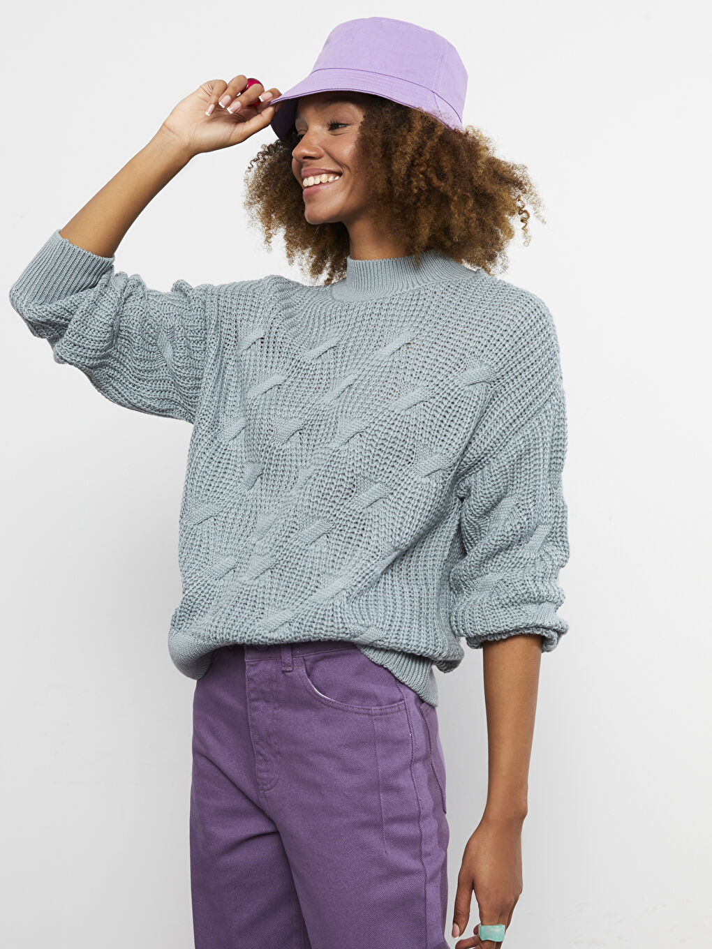 Yeşil Yarım Balıkçı Yaka Kendinden Desenli Uzun Kollu Kadın Triko Kazak-3