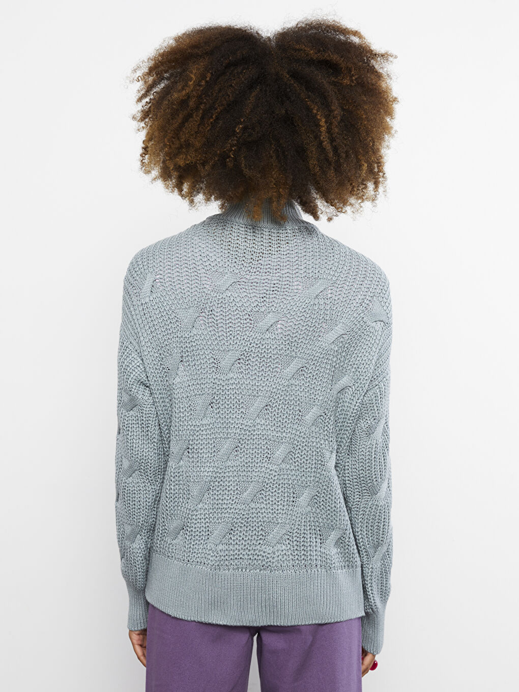 Yeşil Yarım Balıkçı Yaka Kendinden Desenli Uzun Kollu Kadın Triko Kazak-5