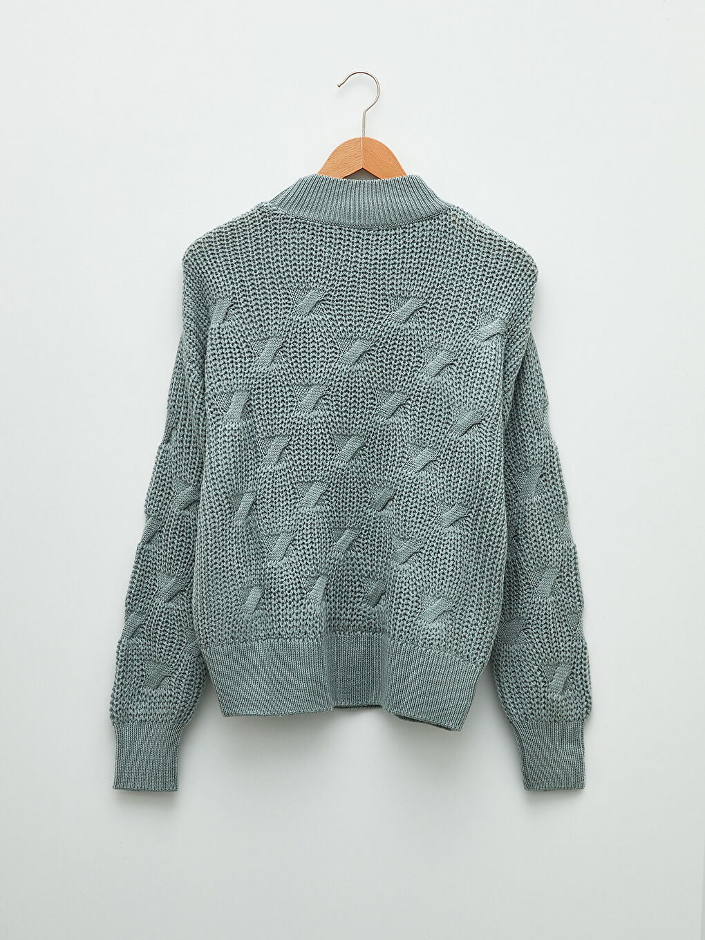 Yeşil Yarım Balıkçı Yaka Kendinden Desenli Uzun Kollu Kadın Triko Kazak-7