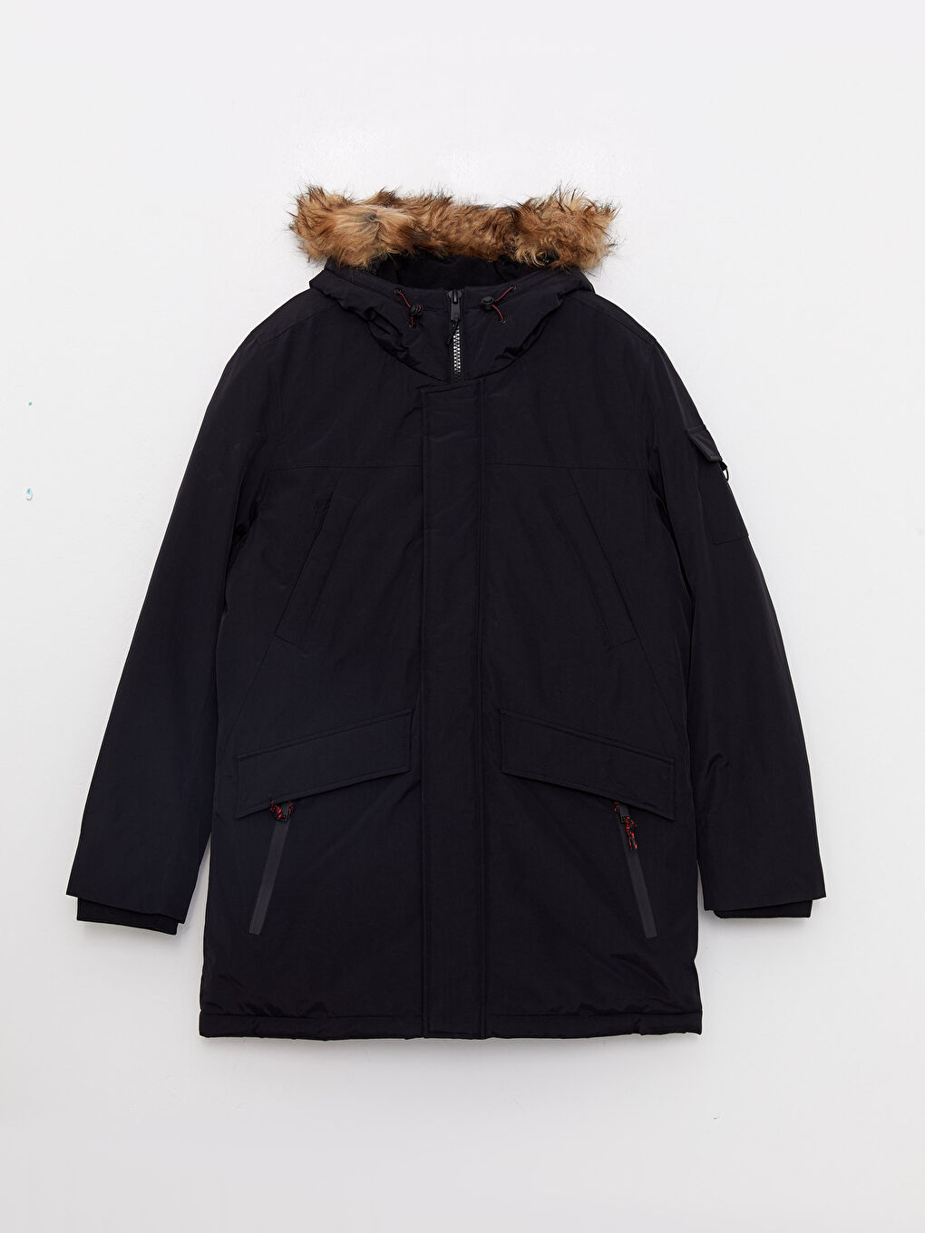 Siyah Standart Kalıp Kapüşonlu Kalın Erkek Parka-5