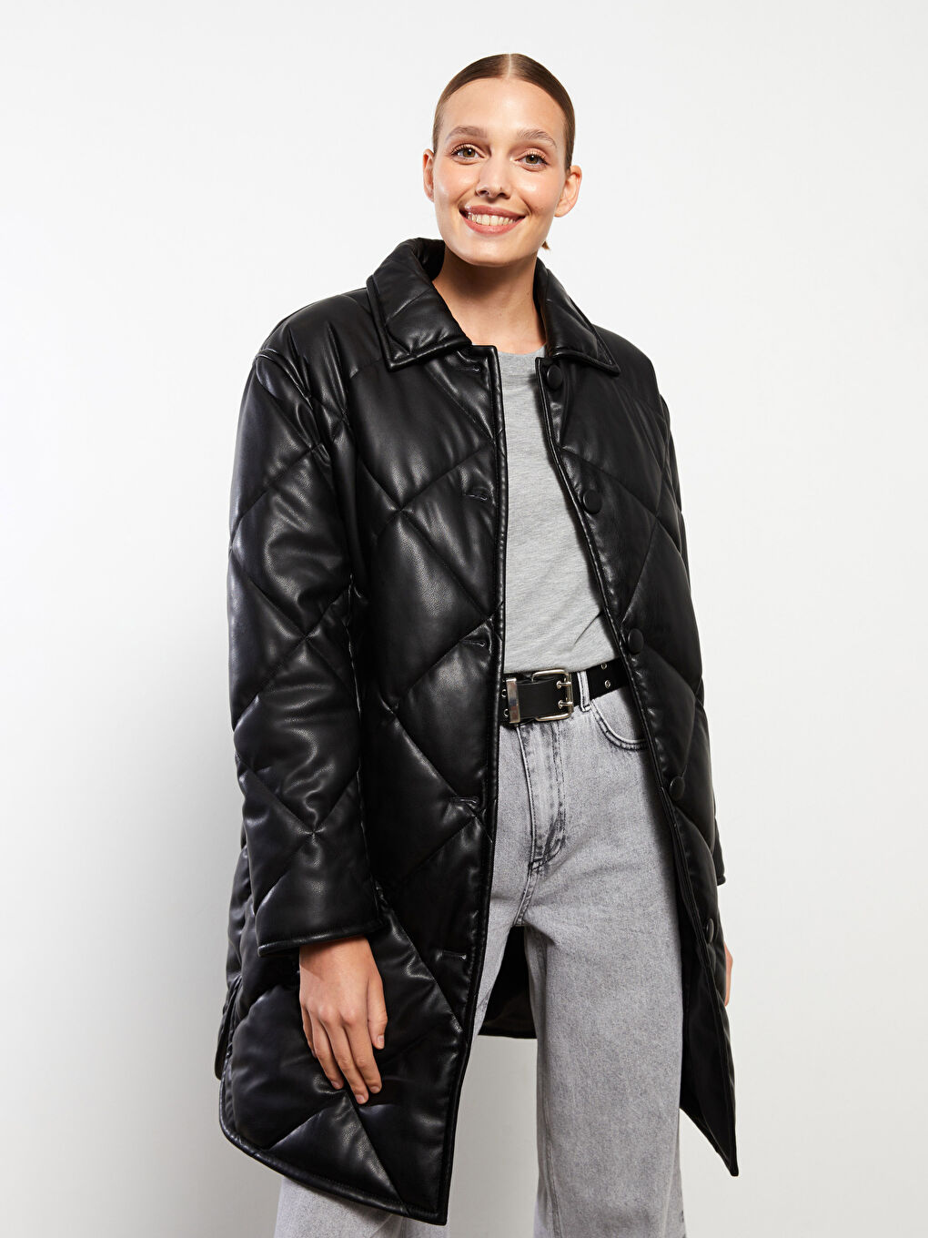 Пальто зі штучної шкіри з відкладним коміром, стьобане, довгий рукав, для жінок