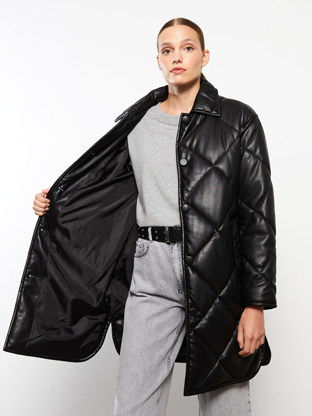 Пальто зі штучної шкіри з відкладним коміром, стьобане, довгий рукав, для жінок-1