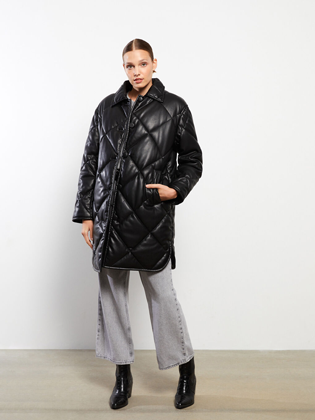 Пальто зі штучної шкіри з відкладним коміром, стьобане, довгий рукав, для жінок-2