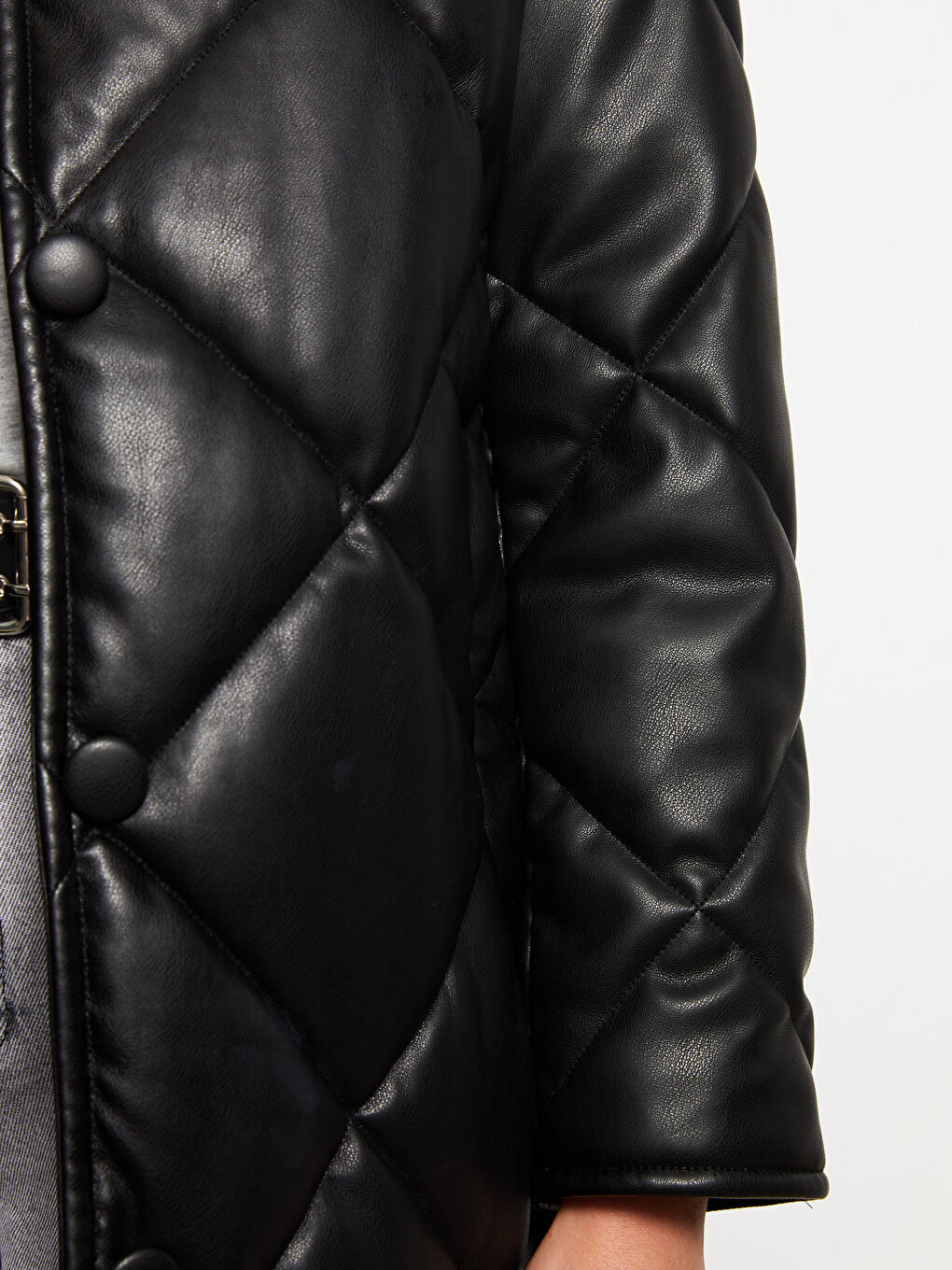 Пальто зі штучної шкіри з відкладним коміром, стьобане, довгий рукав, для жінок-3