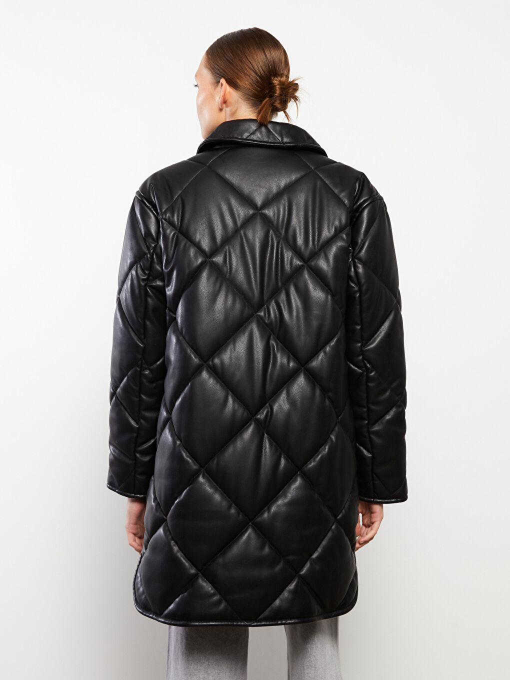 Пальто зі штучної шкіри з відкладним коміром, стьобане, довгий рукав, для жінок-4