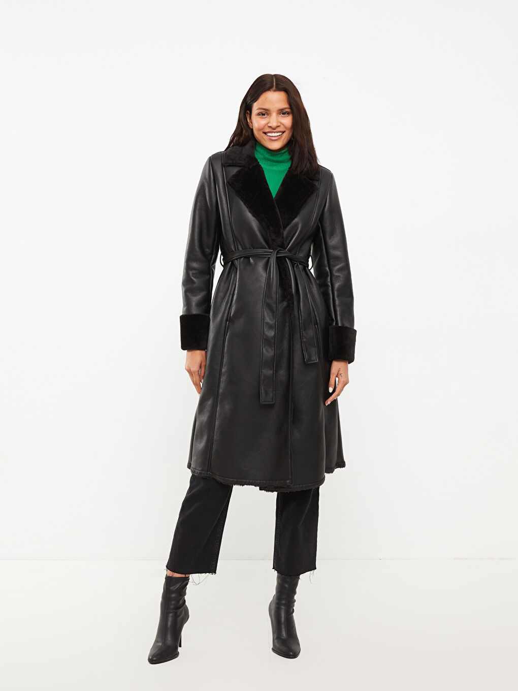 Shawl Collar Straight Long Sleeve Women's Leather Look Coat