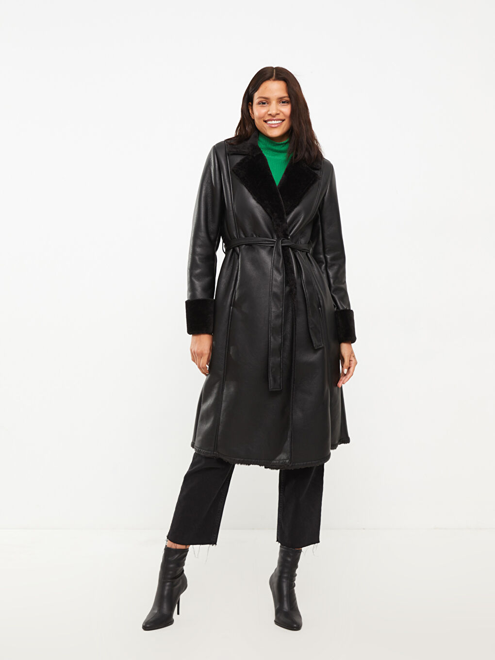 Shawl Collar Straight Long Sleeve Women's Leather Look Coat-1