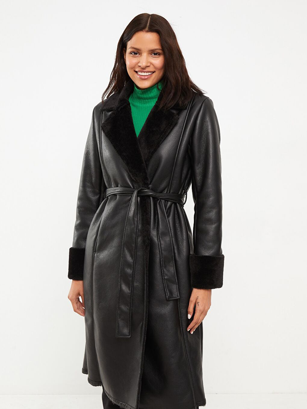 Shawl Collar Straight Long Sleeve Women's Leather Look Coat-2