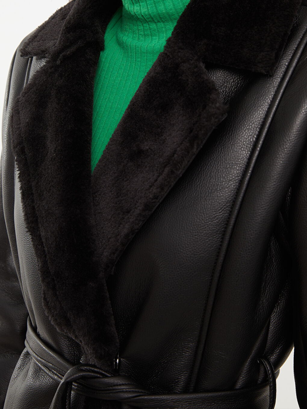 Shawl Collar Straight Long Sleeve Women's Leather Look Coat-3