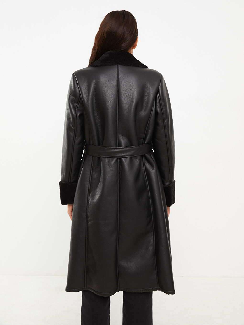 Shawl Collar Straight Long Sleeve Women's Leather Look Coat-5