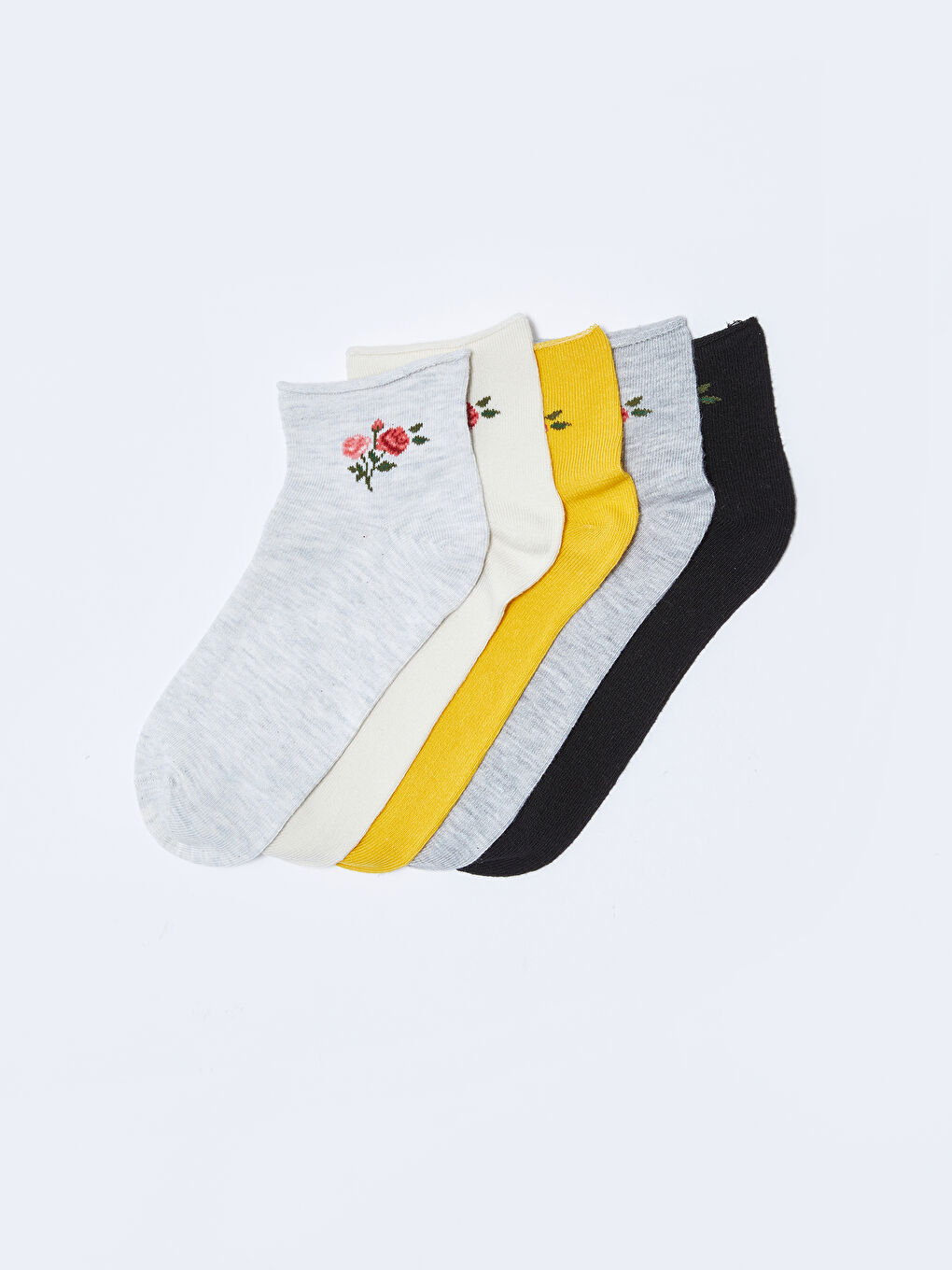 Gri Çiçek Desenli Kadın Patik Çorap 5'li