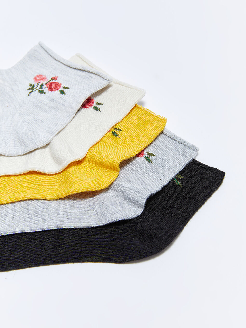 Gri Çiçek Desenli Kadın Patik Çorap 5'li-2