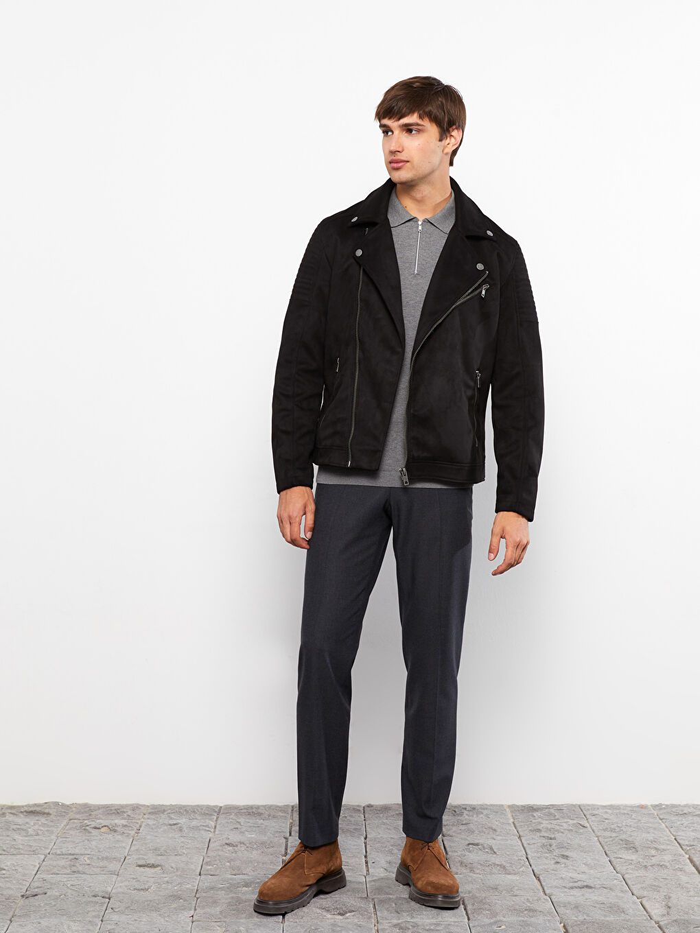 Slim Fit Collared Neck Men's Suede Coat-2