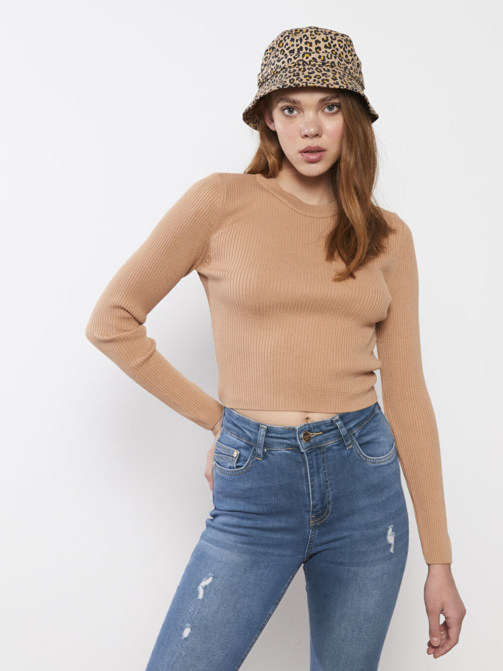 Kahverengi Bisiklet Yaka Düz Uzun Kollu Kadın Triko Kazak-1