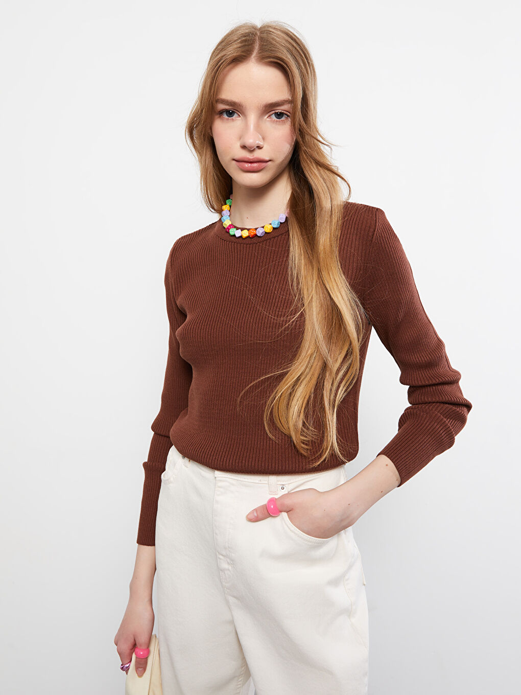 LCW Vision Rundhalsausschnitt Schlicht Langarm Damen Strickpullover -W22852Z8-HFD