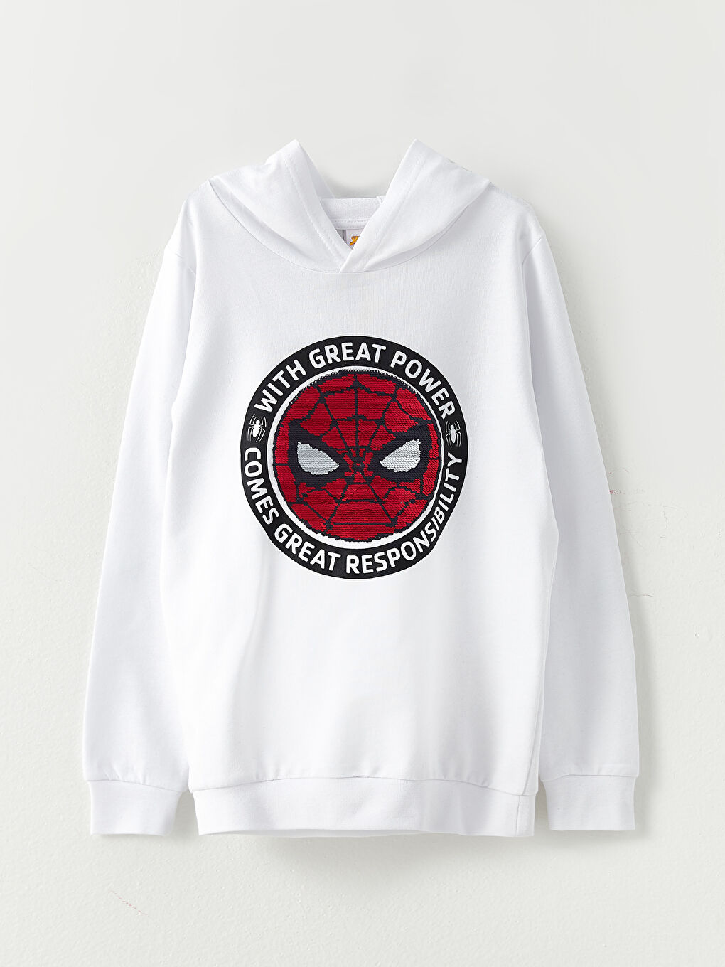 Beyaz Kapüşonlu Spiderman Baskılı Çift Yönlü Payetli Uzun Kollu Erkek Çocuk Sweatshirt