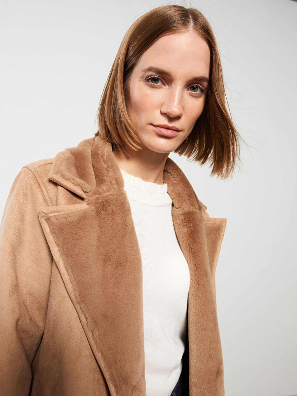 Bej Ceket Yaka Düz Uzun Kollu Kadın Süet Mont-2