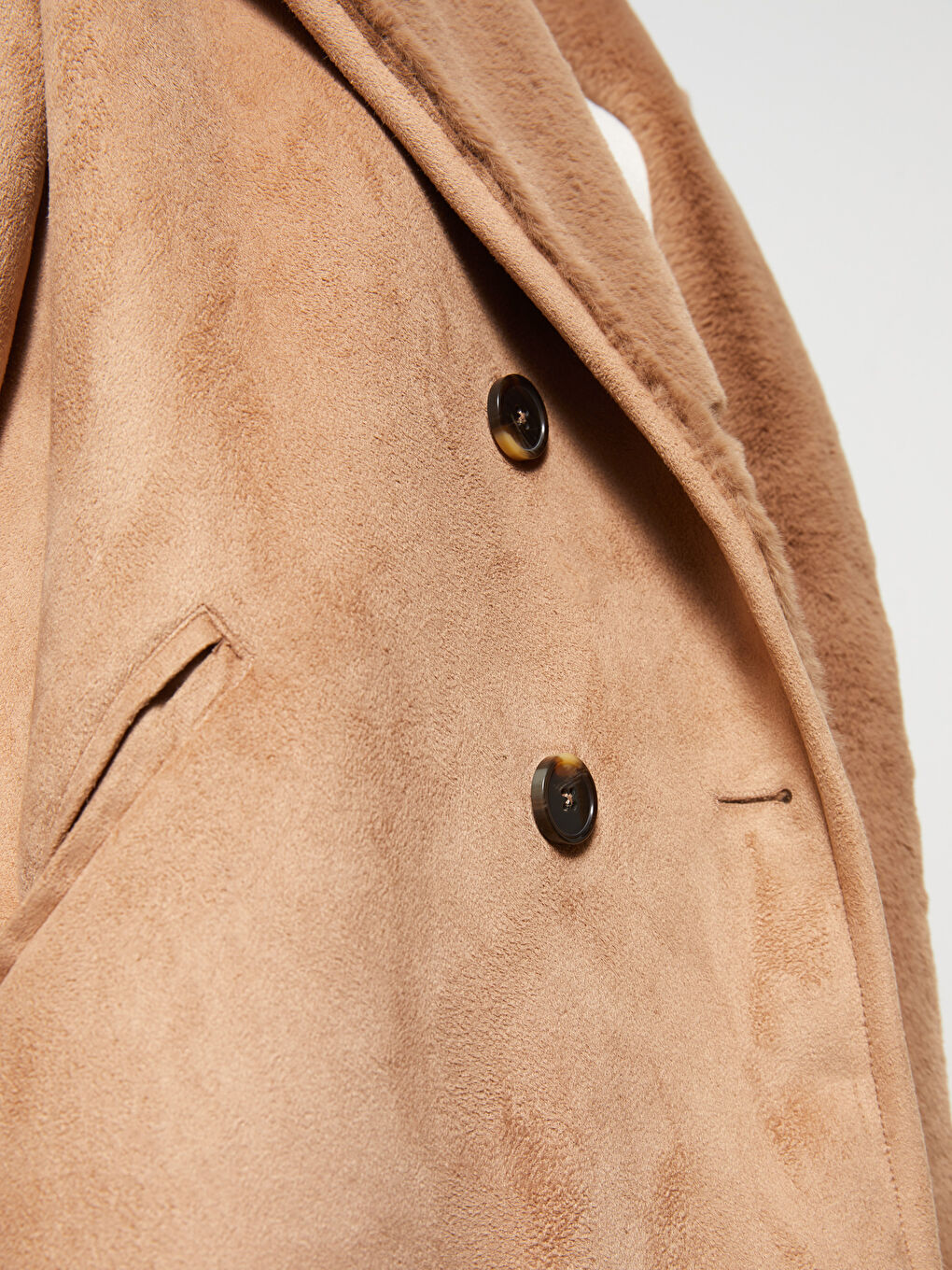 Bej Ceket Yaka Düz Uzun Kollu Kadın Süet Mont-3