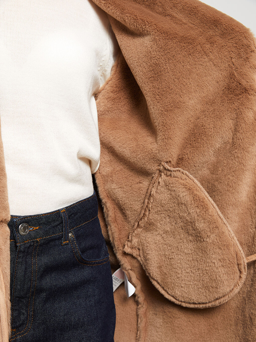 Bej Ceket Yaka Düz Uzun Kollu Kadın Süet Mont-4