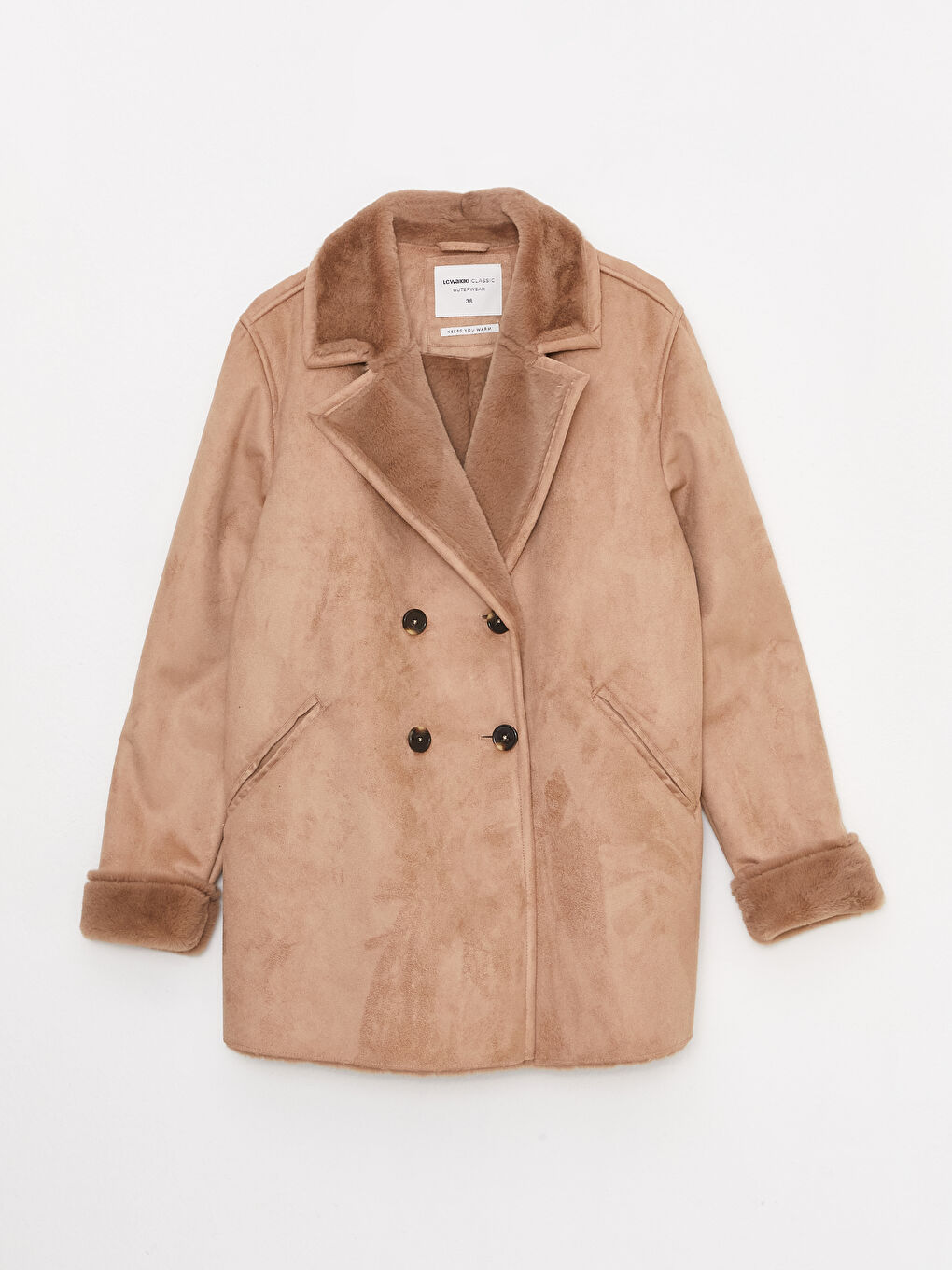 Bej Ceket Yaka Düz Uzun Kollu Kadın Süet Mont-6