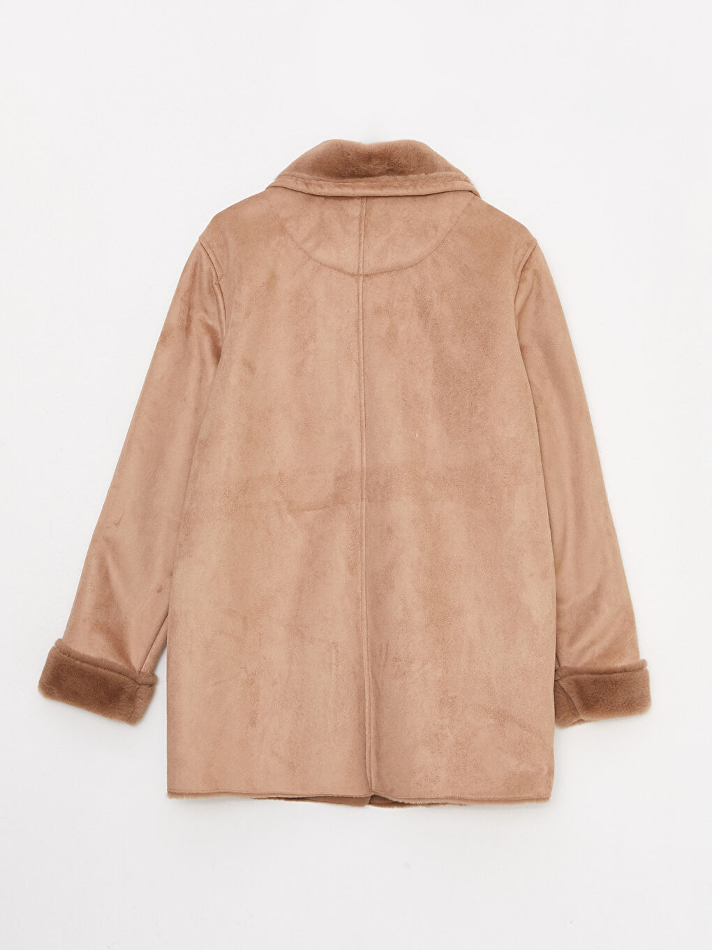 Bej Ceket Yaka Düz Uzun Kollu Kadın Süet Mont-7