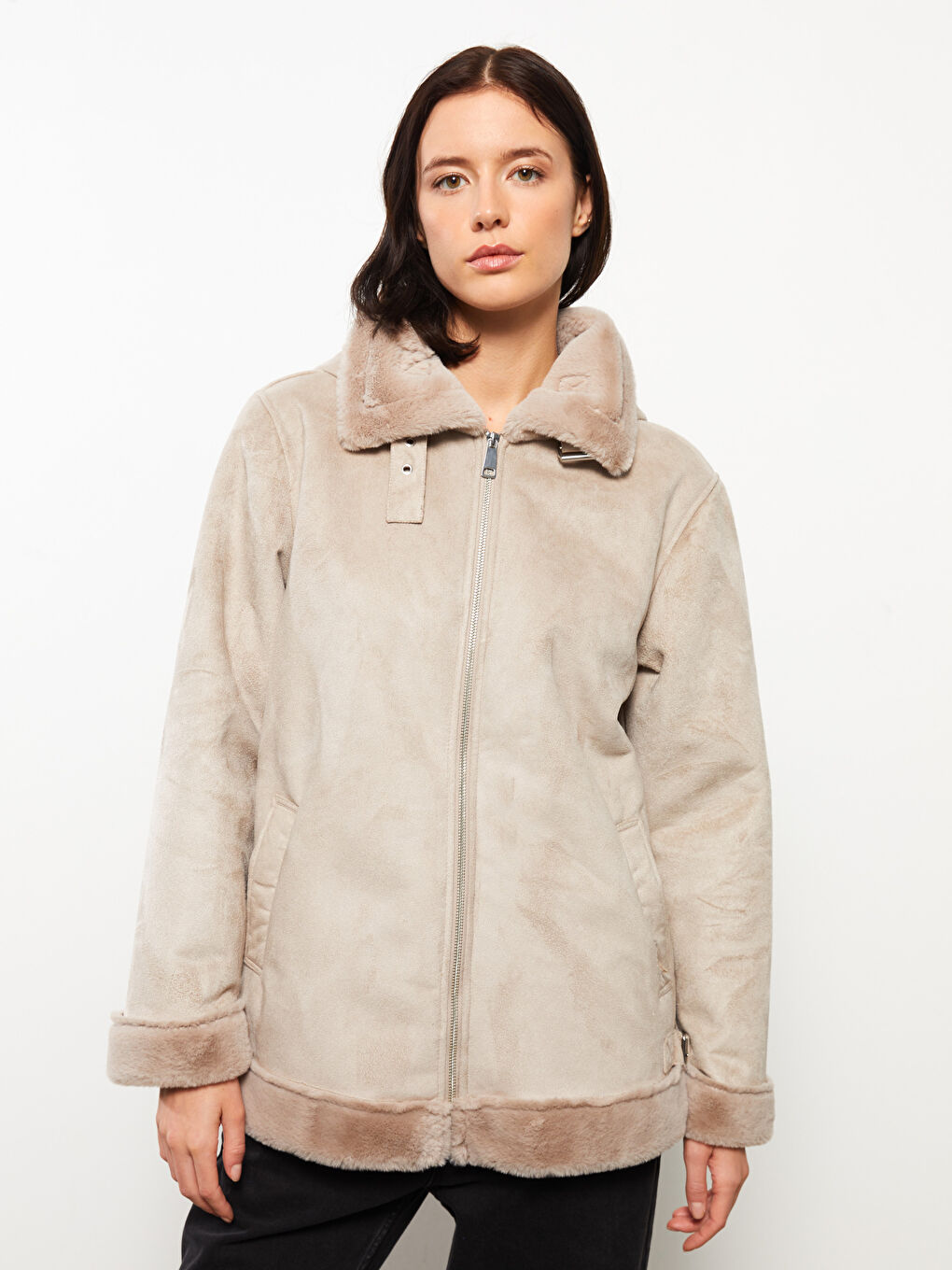 Bej Kapüşonlu Düz Uzun Kollu Kadın Deri Görünümlü Mont