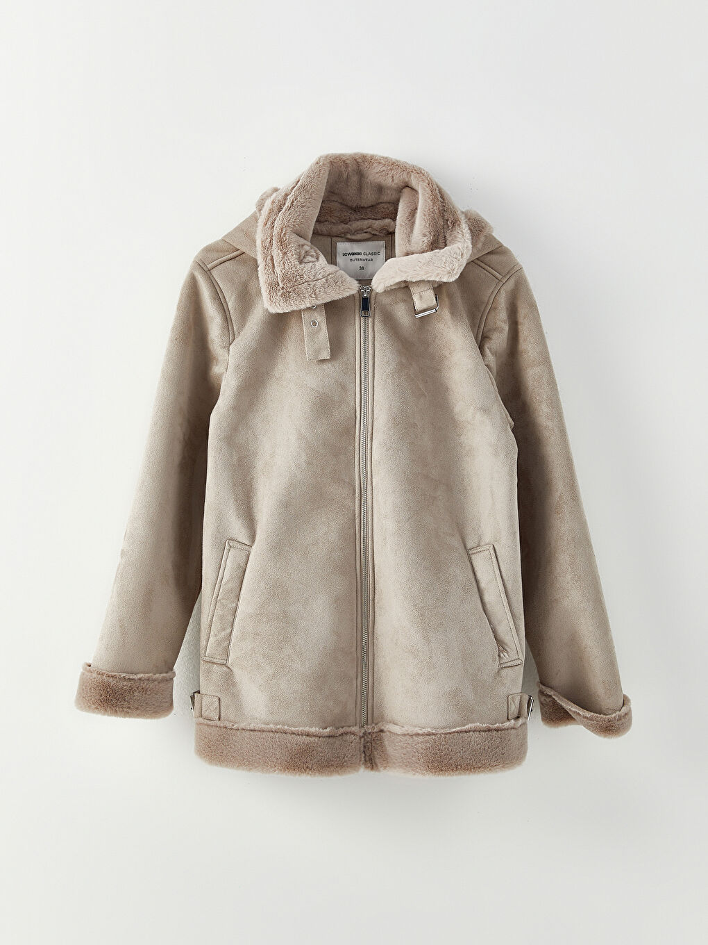 Bej Kapüşonlu Düz Uzun Kollu Kadın Deri Görünümlü Mont-6