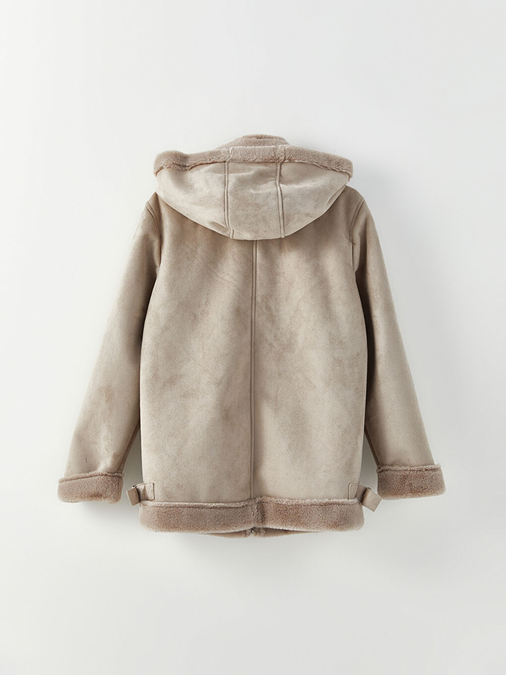 Bej Kapüşonlu Düz Uzun Kollu Kadın Deri Görünümlü Mont-8