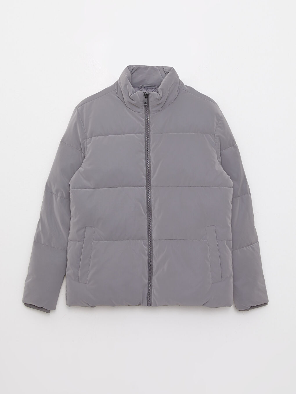 Gri Standart Kalıp Dik Yaka Erkek Şişme Mont-5