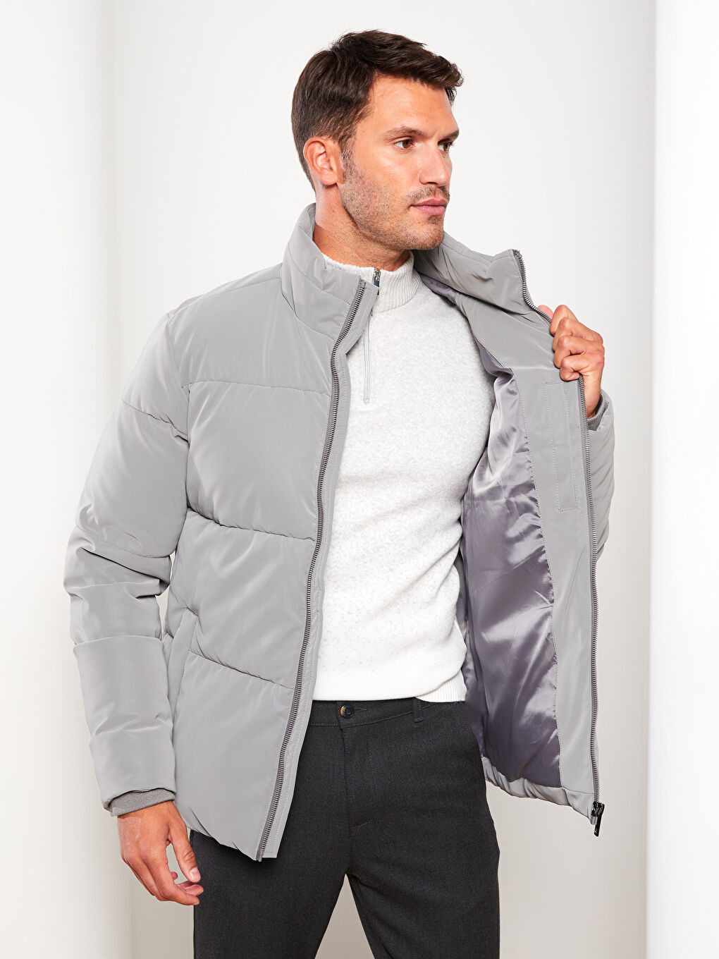 Gri Standart Kalıp Dik Yaka Erkek Şişme Mont-2