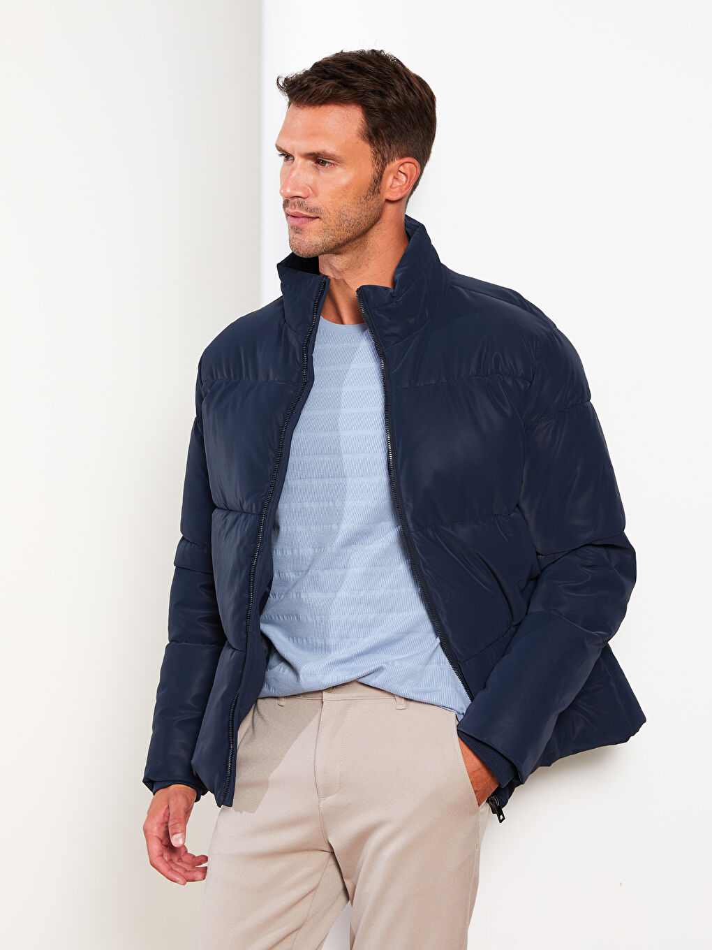 Lacivert Standart Kalıp Dik Yaka Erkek Şişme Mont