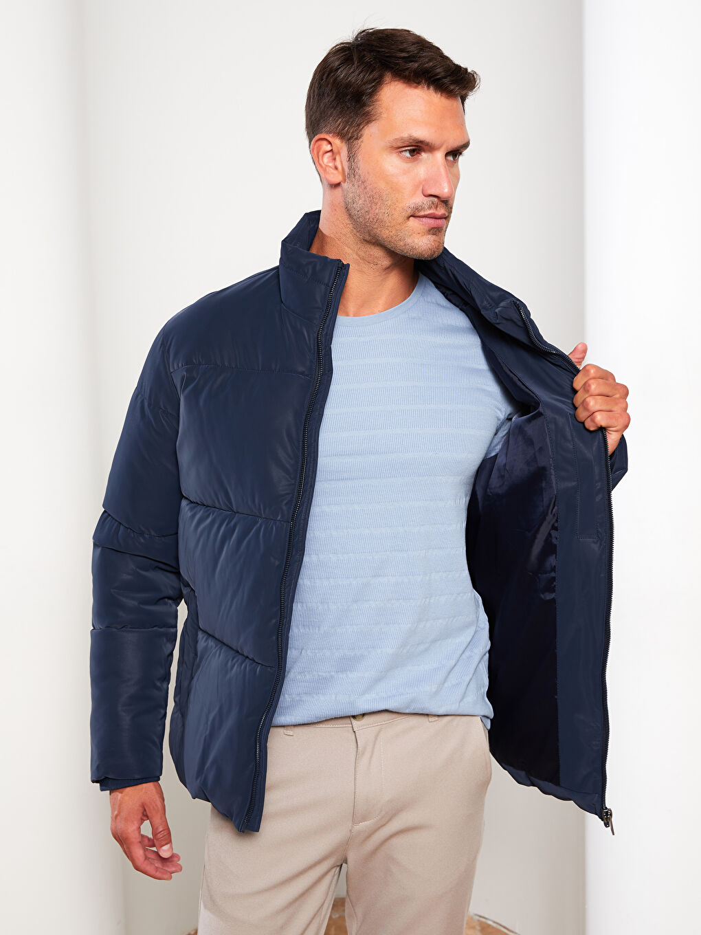 Lacivert Standart Kalıp Dik Yaka Erkek Şişme Mont-2