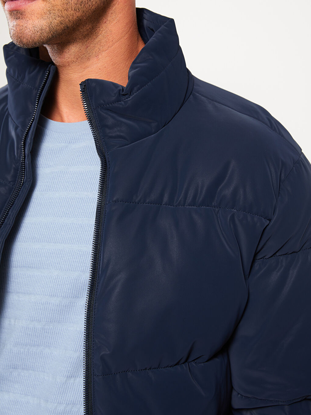 Lacivert Standart Kalıp Dik Yaka Erkek Şişme Mont-3